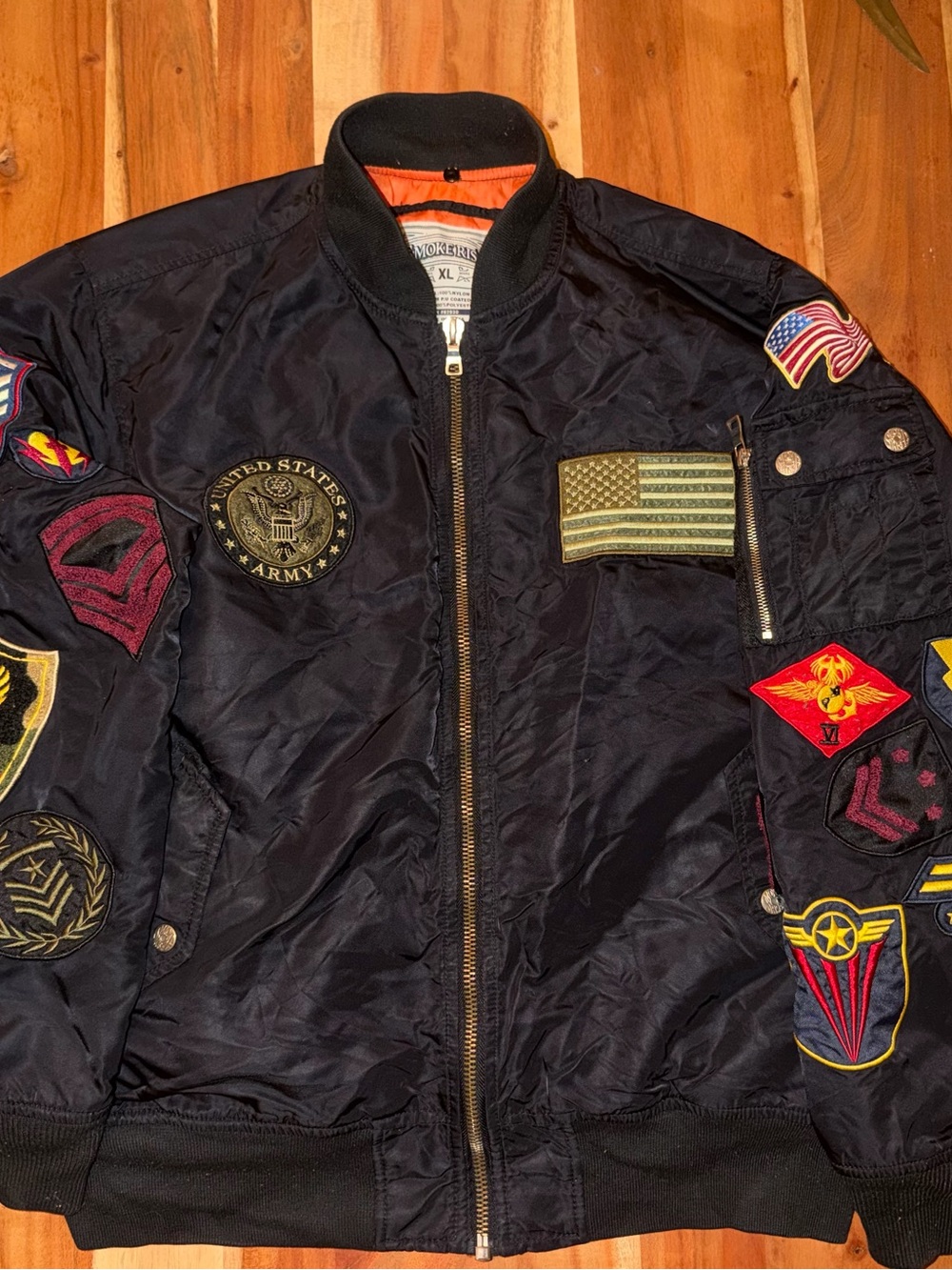 Men's SmokeRise Black Military Patch Bomber Jacket XL. #009